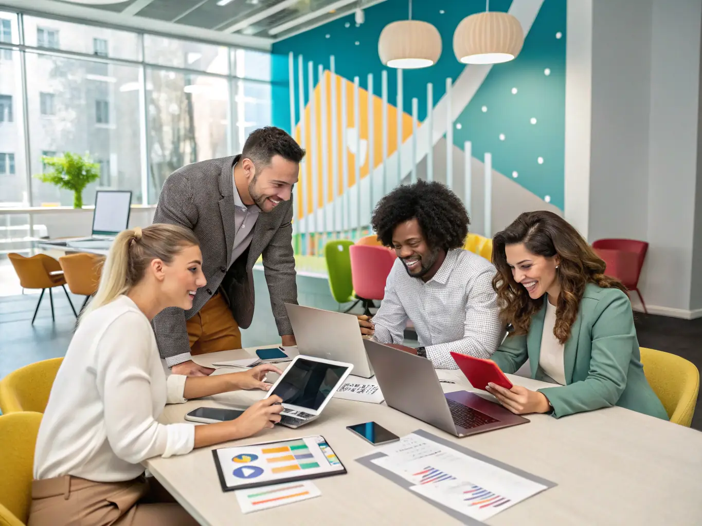 A vibrant image depicting a team brainstorming ideas for a digital marketing campaign, with laptops displaying analytics dashboards and creative content mockups.