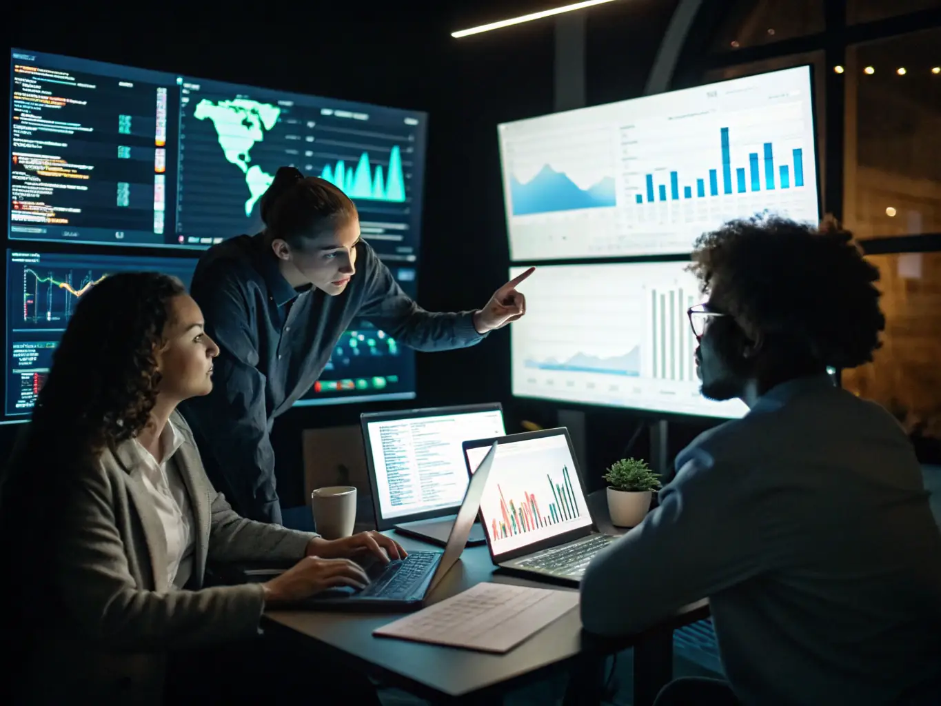 An image showing a team analyzing digital ad performance on multiple screens with graphs and charts, illustrating the data-driven approach to digital campaigns.