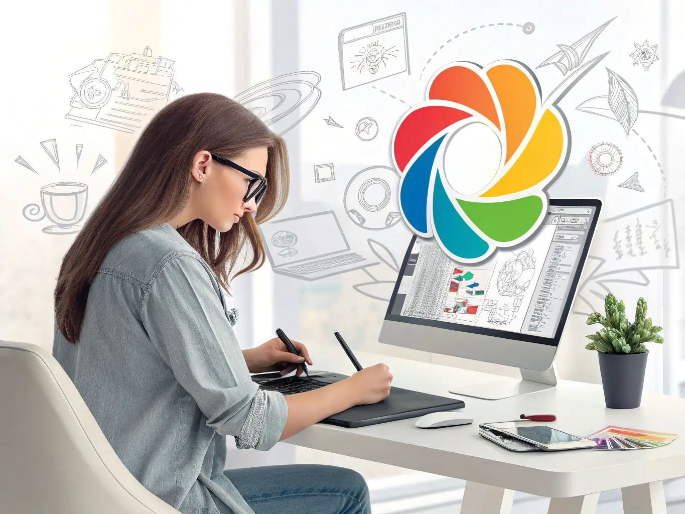 An image of a designer working on a logo concept on a digital tablet with branding materials around, showcasing the brand development process.